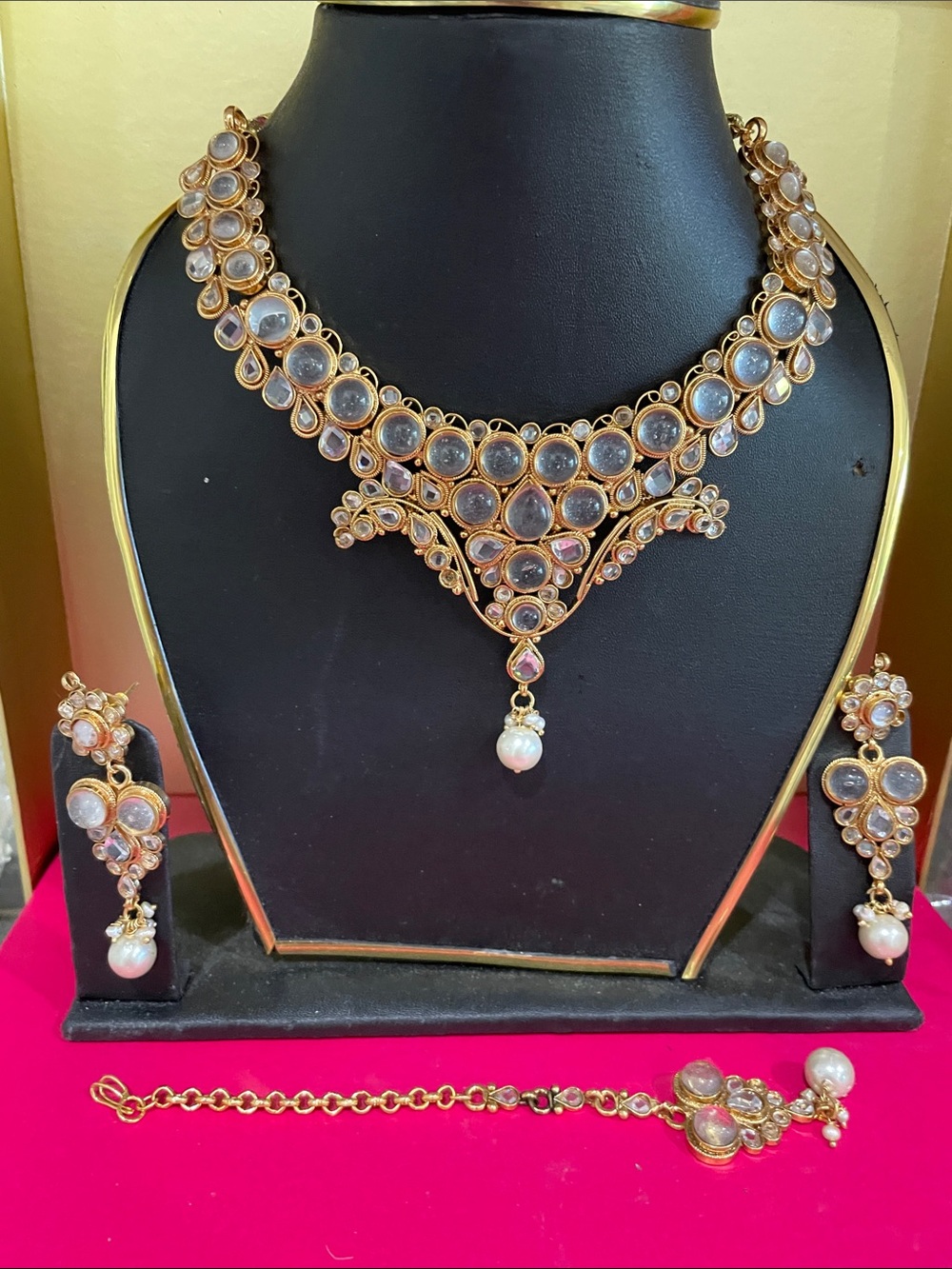 Elegant Gold-Tone Kundan Necklace Set with White Pearl Drops